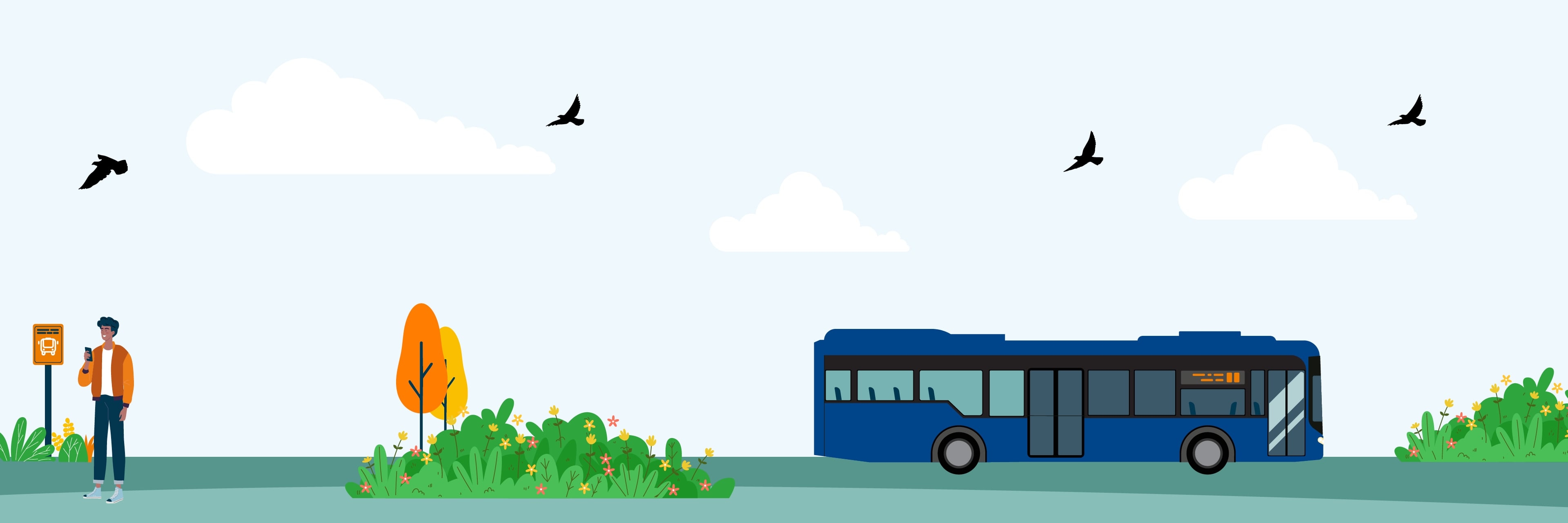 Reiziger bij een bushalte met smartphone terwijl een bus voorbij rijdt